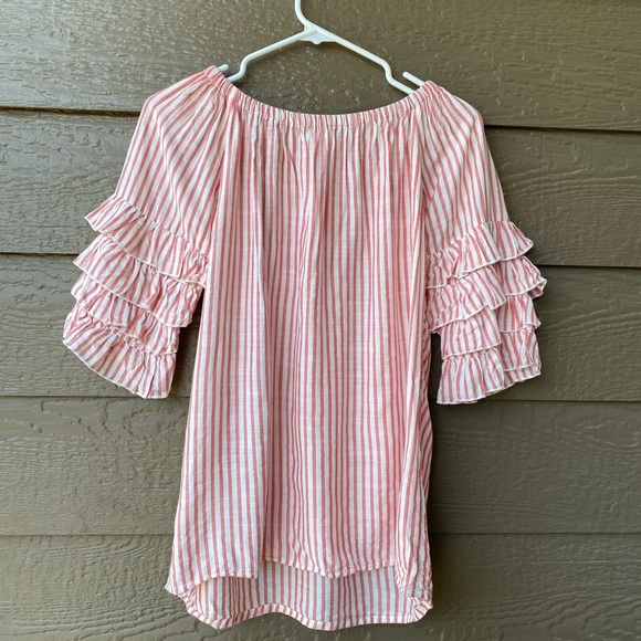 GB Girl Red Pink Stripe Ruffle Sleeve Tunic Dress with Elastic Neckline size M - Picture 3 of 10